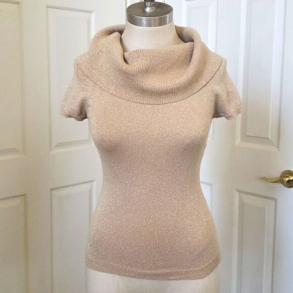 EXPRESS Shimmery Gold Cashmere Sweater Chunky Cowl Neck Short Sleeve - Picture 1 of 11